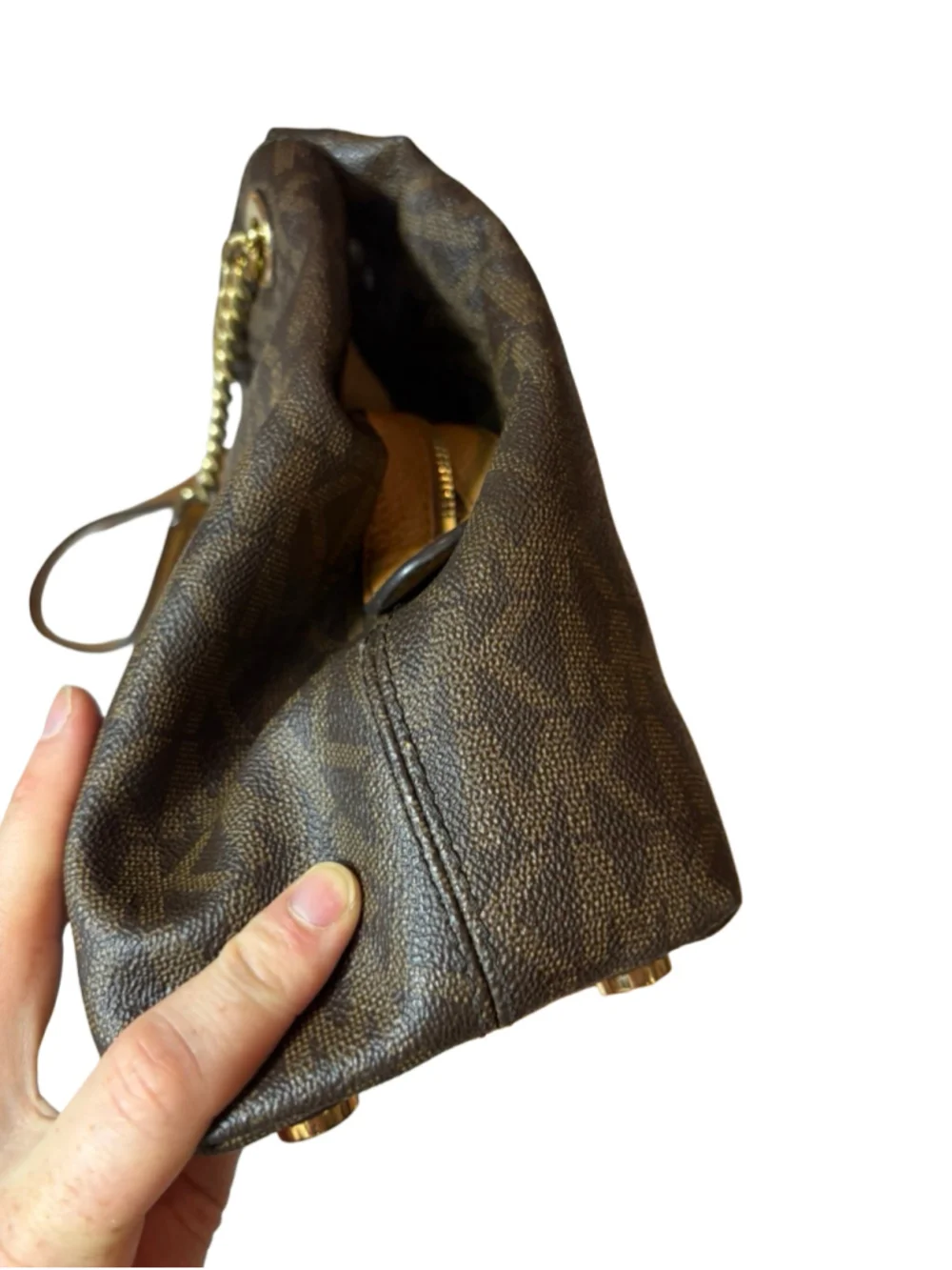 Michael Kors Brown Signature Logo Chain Shoulder Tote Bag Leather Trim